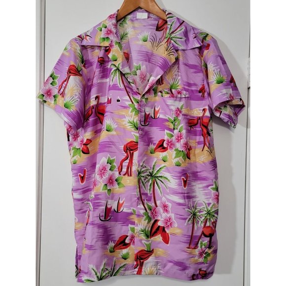 King Kameha Purple Flamingo Hawaiian Button Down Short Sleeve‎ Shirt M - Picture 1 of 7